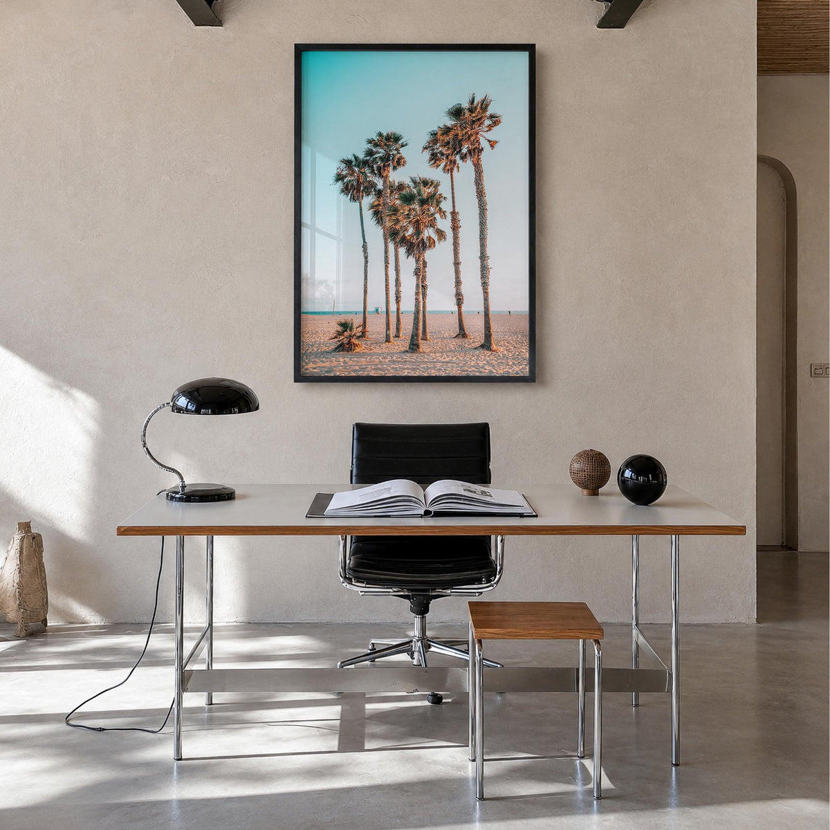 Santa Monica no. 4 colorful photo poster of California, USA – vertical wall art in black wood frame, hanging on wall