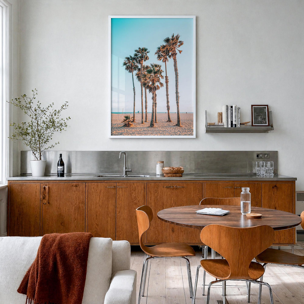 Santa Monica no. 4 colorful photo poster of California, USA – vertical wall art in white wood frame, hanging on wall