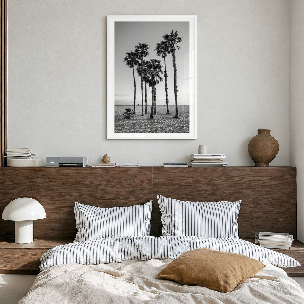 Santa Monica Photo No 3 Poster in a white wood frame, hanging in a bedroom, white border