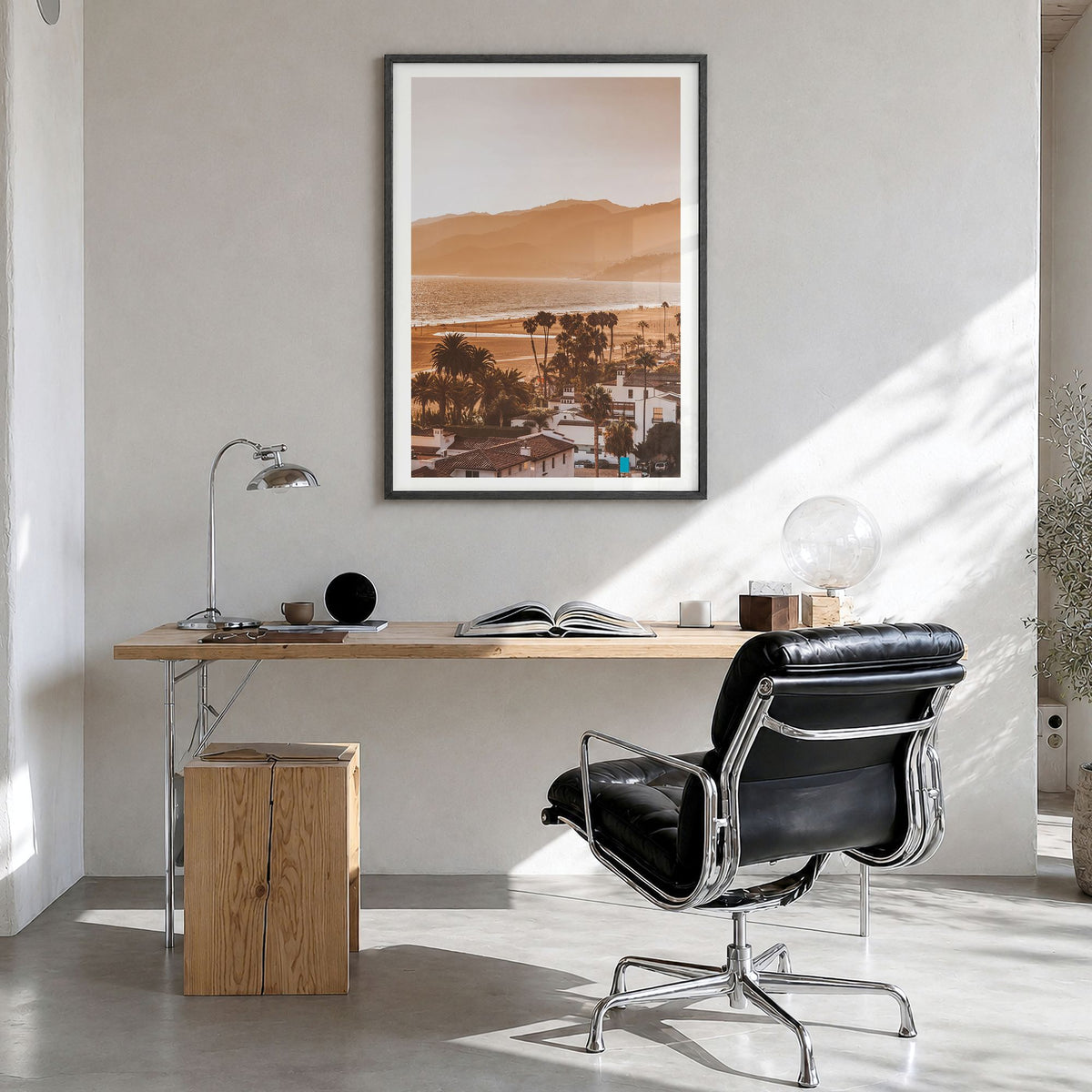 Santa Monica Photo No 1 Poster in a black wood frame, hanging in a bright home office, white border