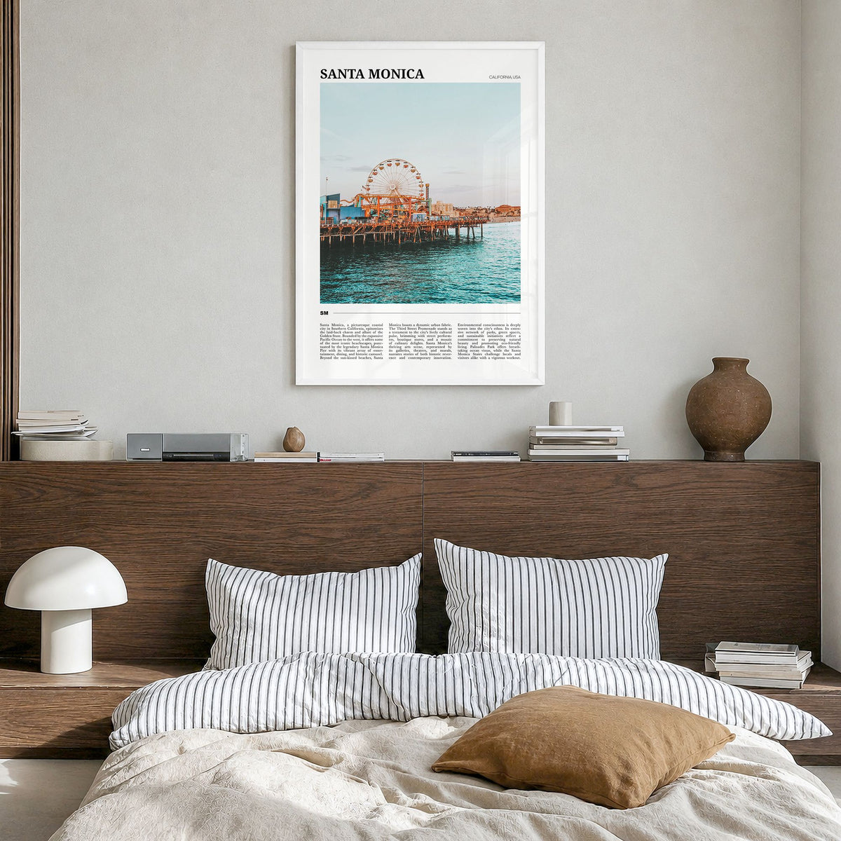 Santa Monica Travel No 2 Poster in a white wood frame, hanging in a bedroom
