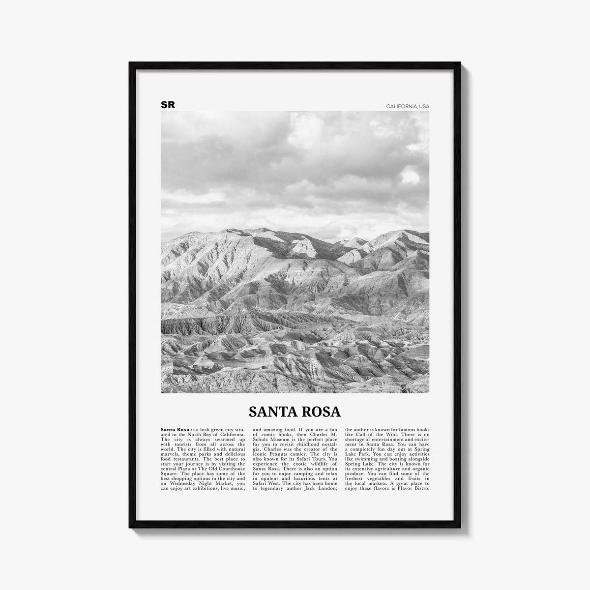 Santa Rosa black & white newspaper poster of California, USA – vertical wall art, unframed print shown in interior mockup