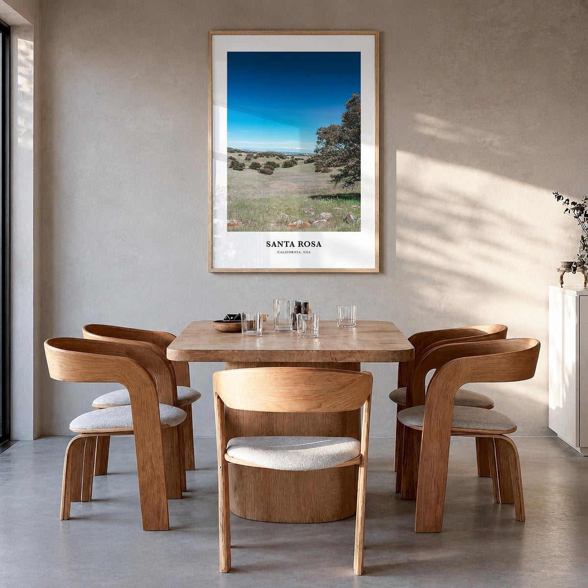 Santa Rosa no. 2 colorful classic poster of California, USA – vertical wall art in natural wood frame, hanging on wall
