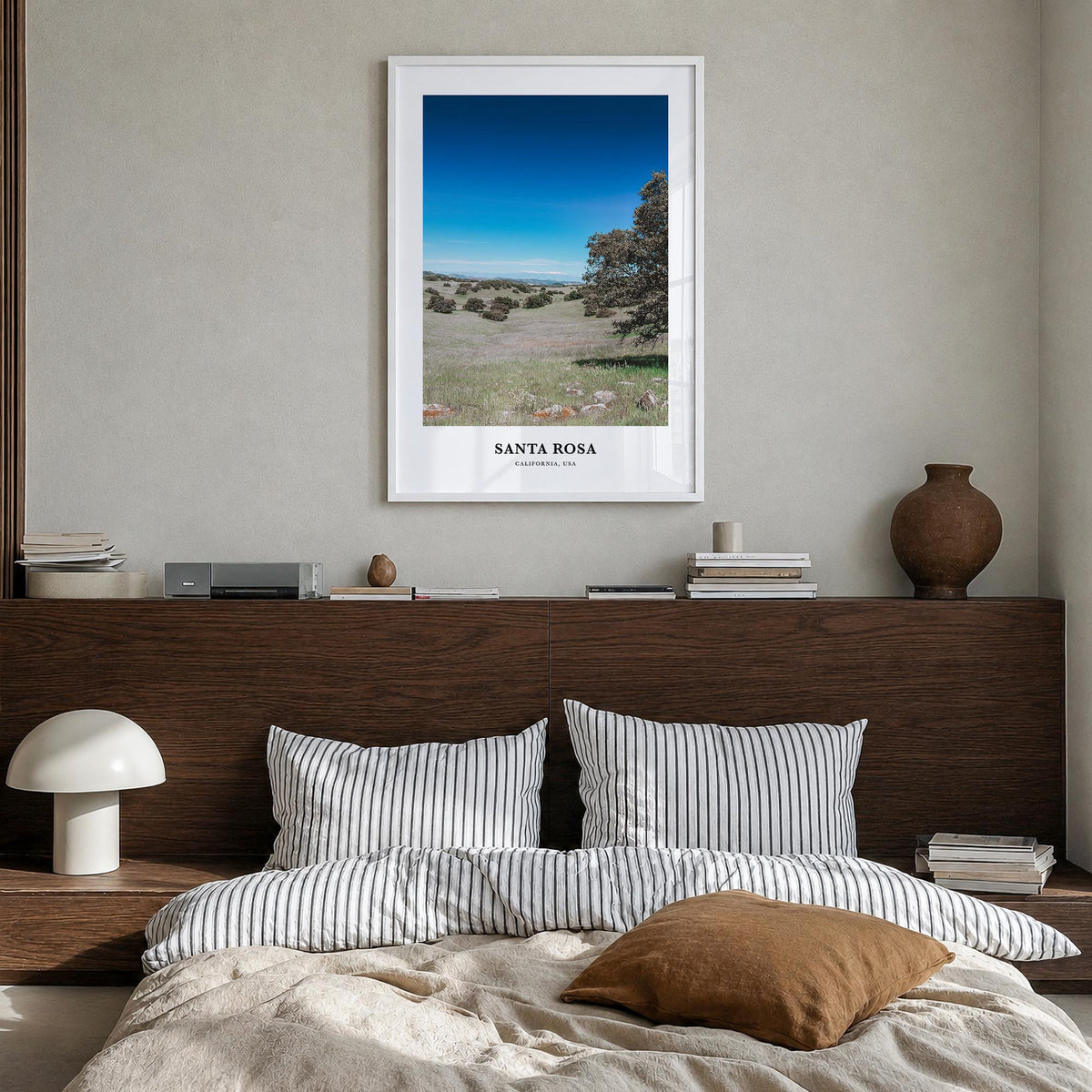 Santa Rosa no. 2 colorful classic poster of California, USA – vertical wall art in white wood frame, hanging on wall
