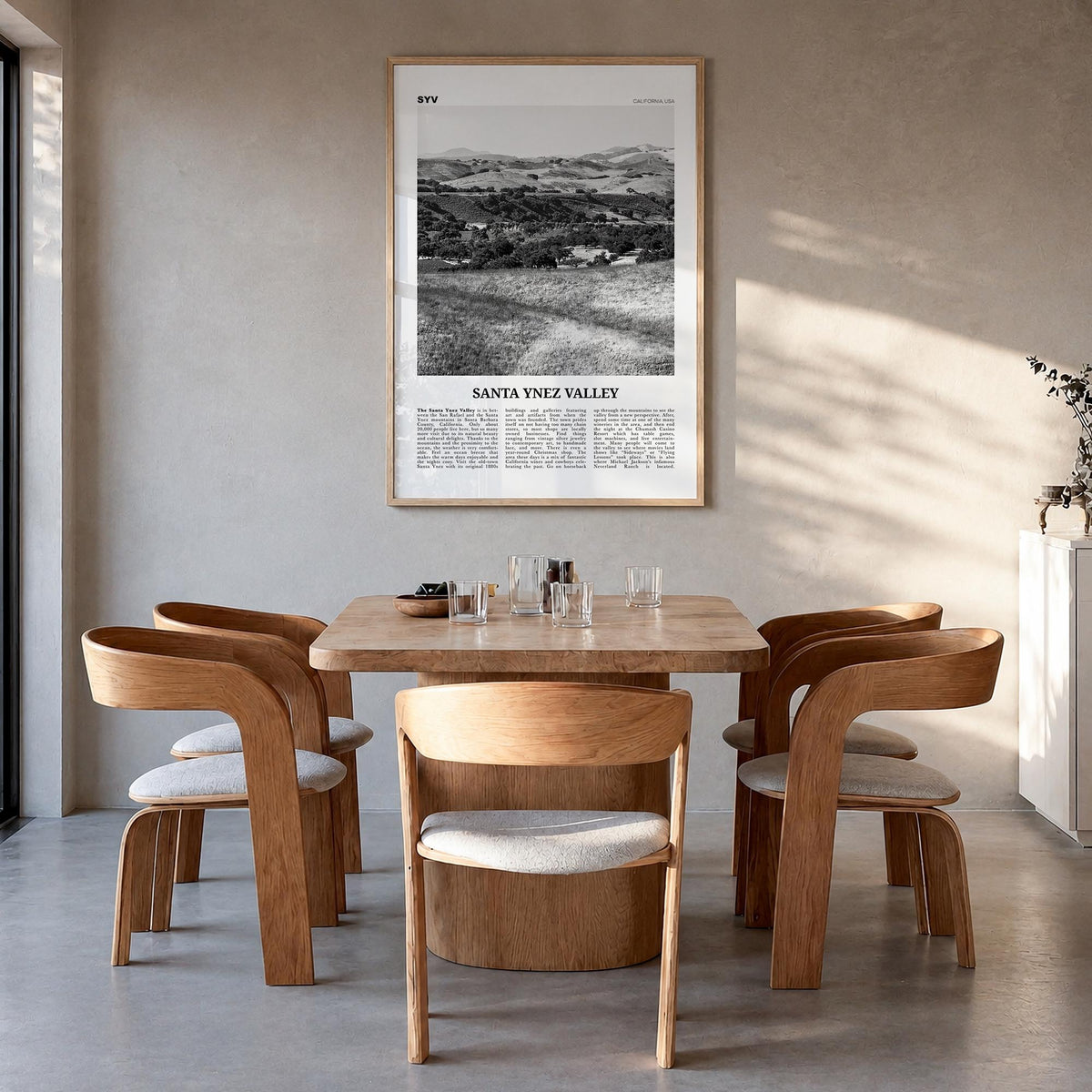 Santa Ynez Valley black & white newspaper poster of California, USA – vertical wall art in natural wood frame, hanging on wal
