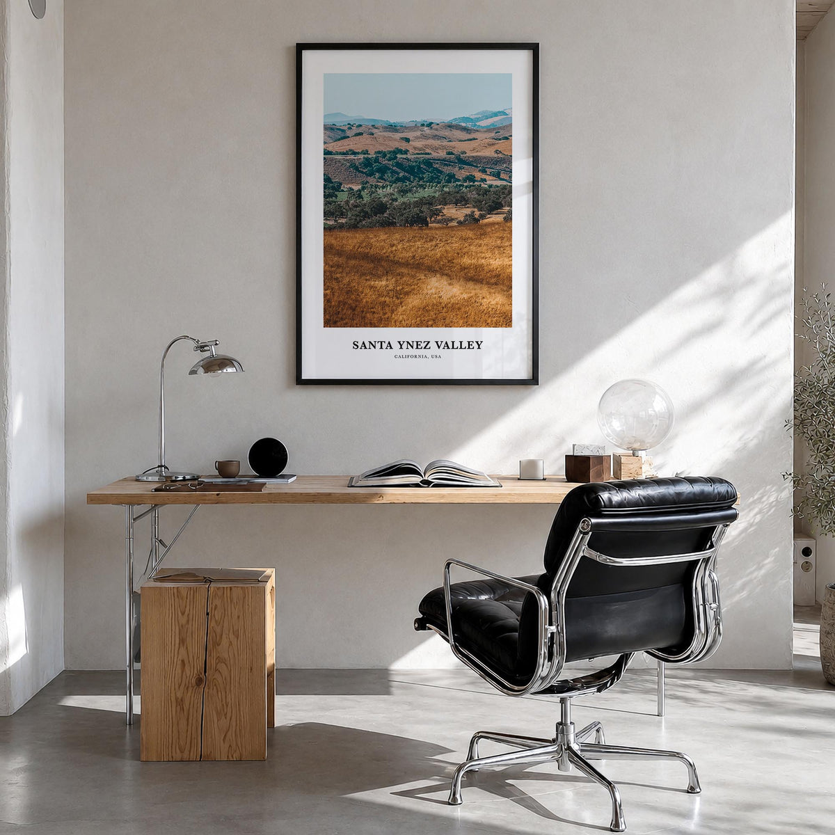 Santa Ynez Valley colorful classic poster of California, USA – vertical wall art in black wood frame, hanging on wall