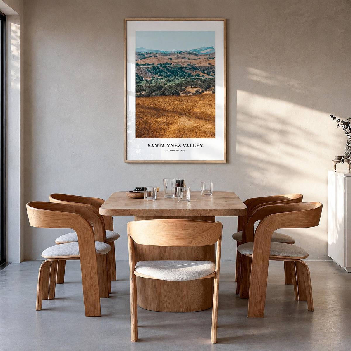 Santa Ynez Valley colorful classic poster of California, USA – vertical wall art in natural wood frame, hanging on wall
