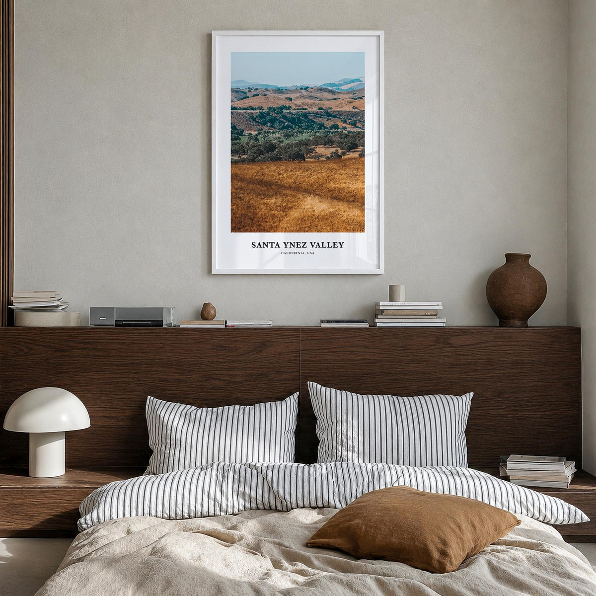 Santa Ynez Valley colorful classic poster of California, USA – vertical wall art in white wood frame, hanging on wall