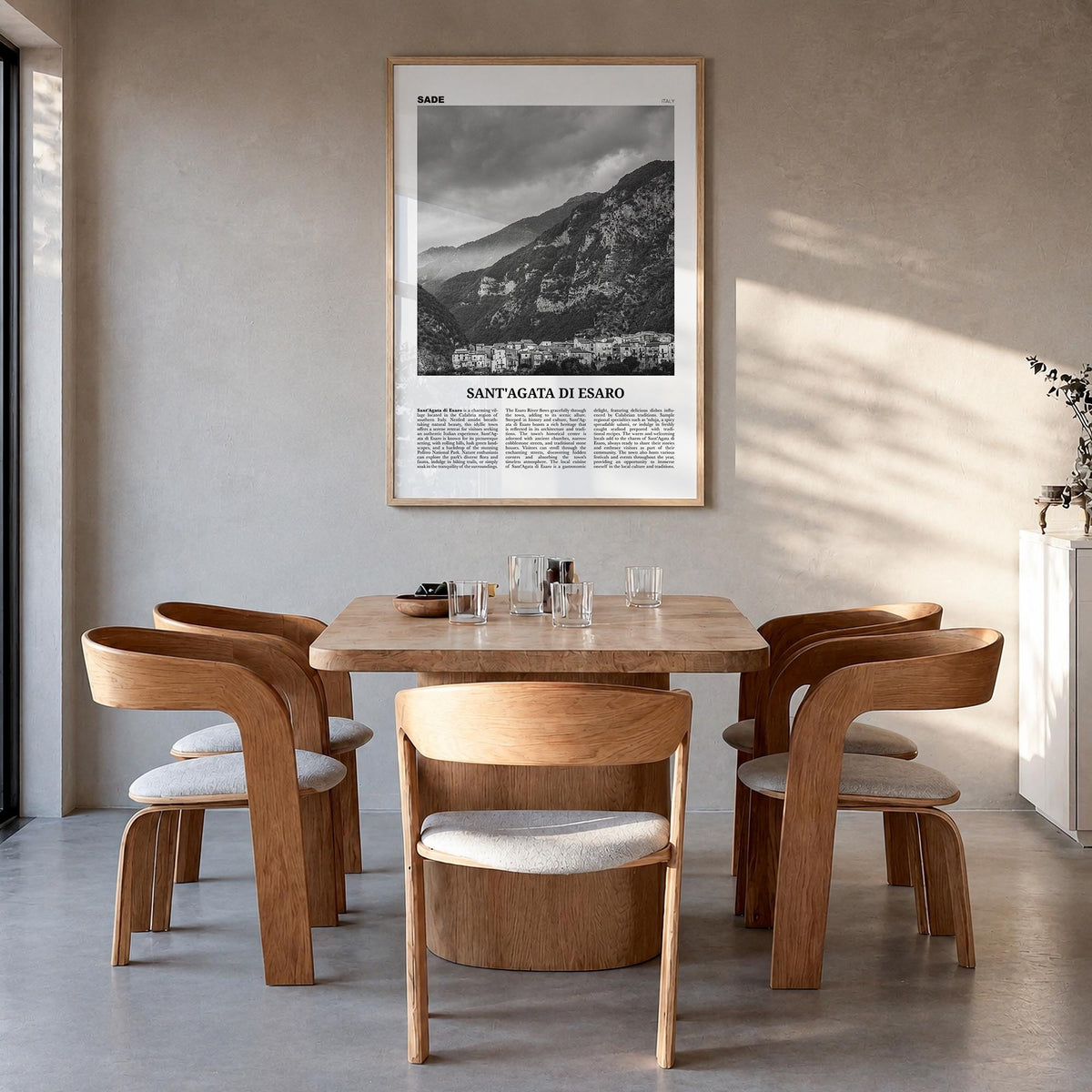 Sant'Agata di Esaro black & white newspaper poster of Italy – vertical wall art in natural wood frame, hanging on wall