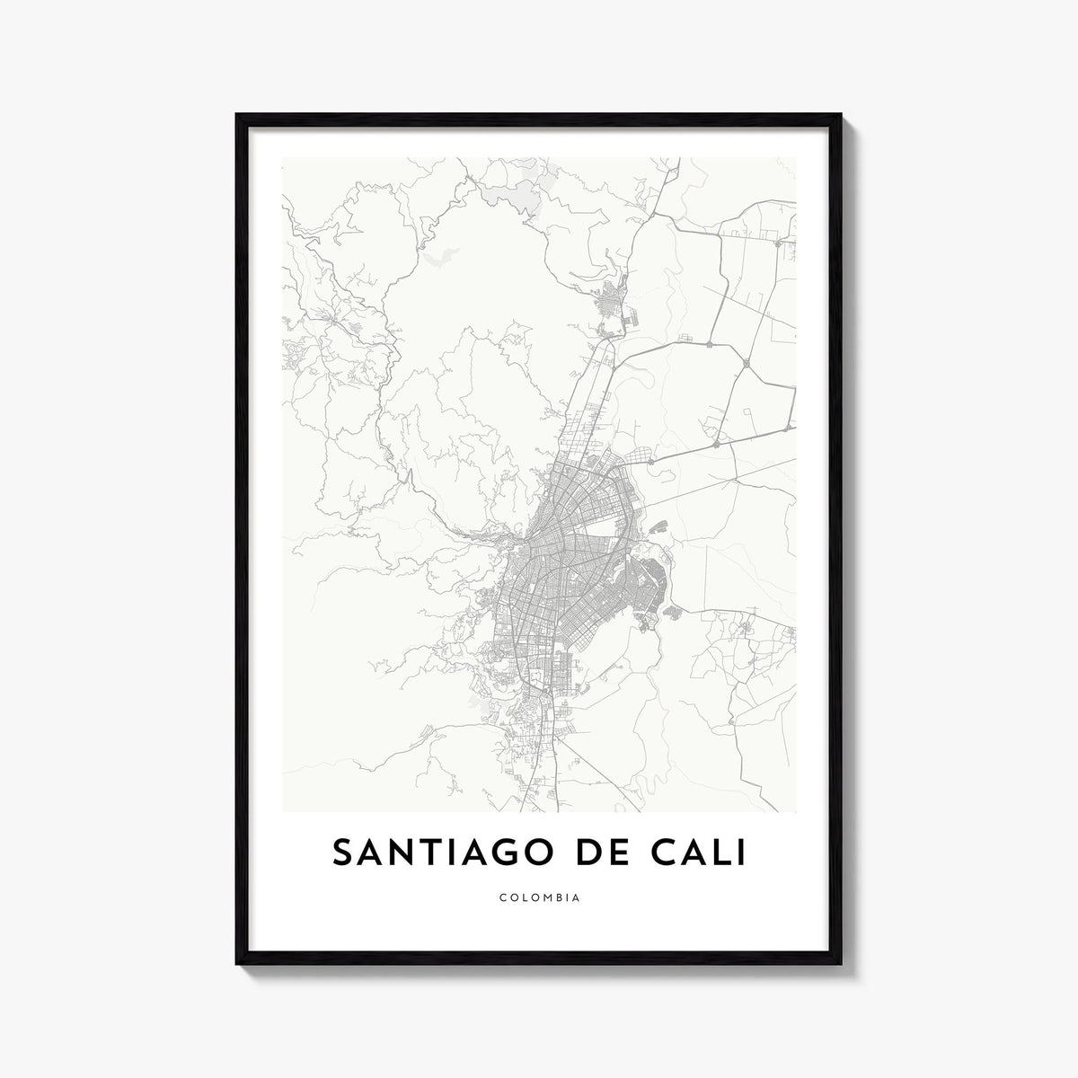 Santiago de Cali black & white map poster of Colombia – vertical wall art, unframed print shown in interior mockup