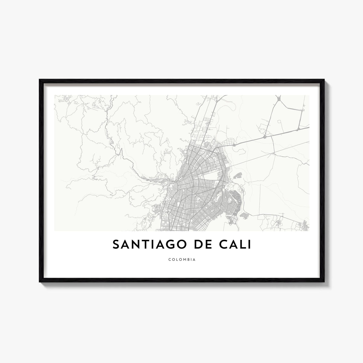 Santiago de Cali black & white map poster of Colombia – horizontal wall art, unframed print shown in interior mockup
