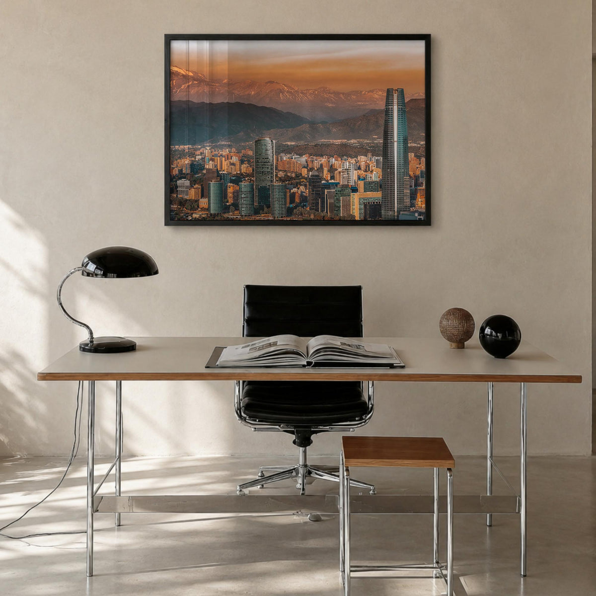 Santiago de Chile colorful photo poster of Chile – horizontal wall art in black wood frame, hanging on wall