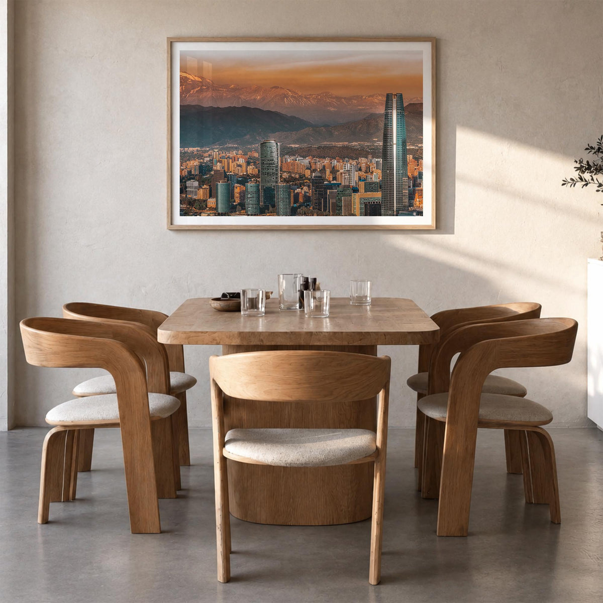 Santiago de Chile colorful photo poster of Chile – horizontal wall art in natural wood frame with white border, hanging on wa