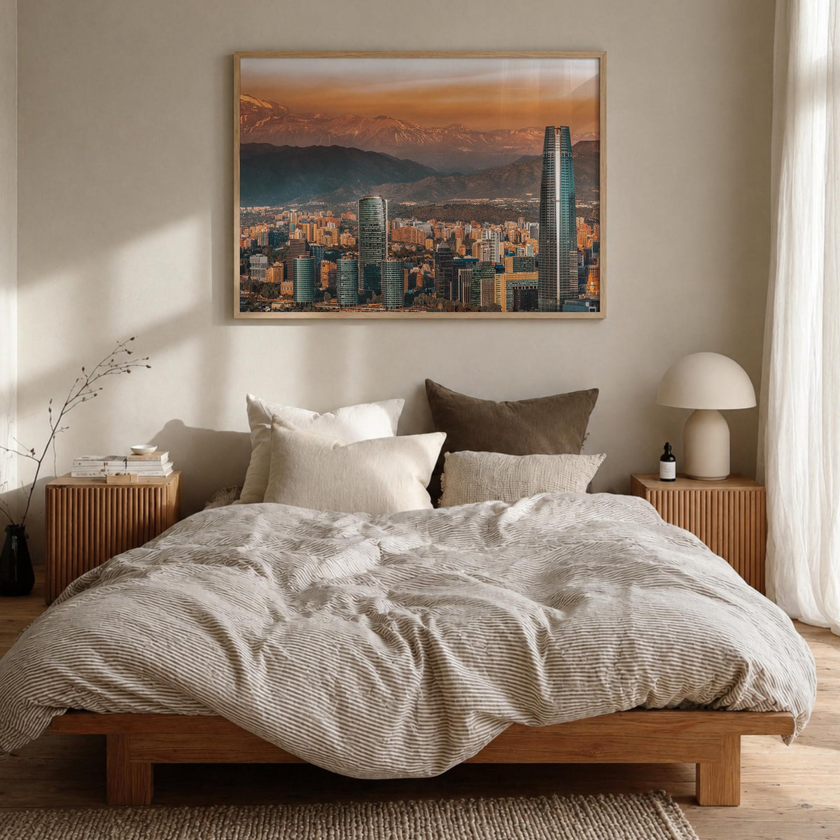 Santiago de Chile colorful photo poster of Chile – horizontal wall art in natural wood frame, hanging on wall