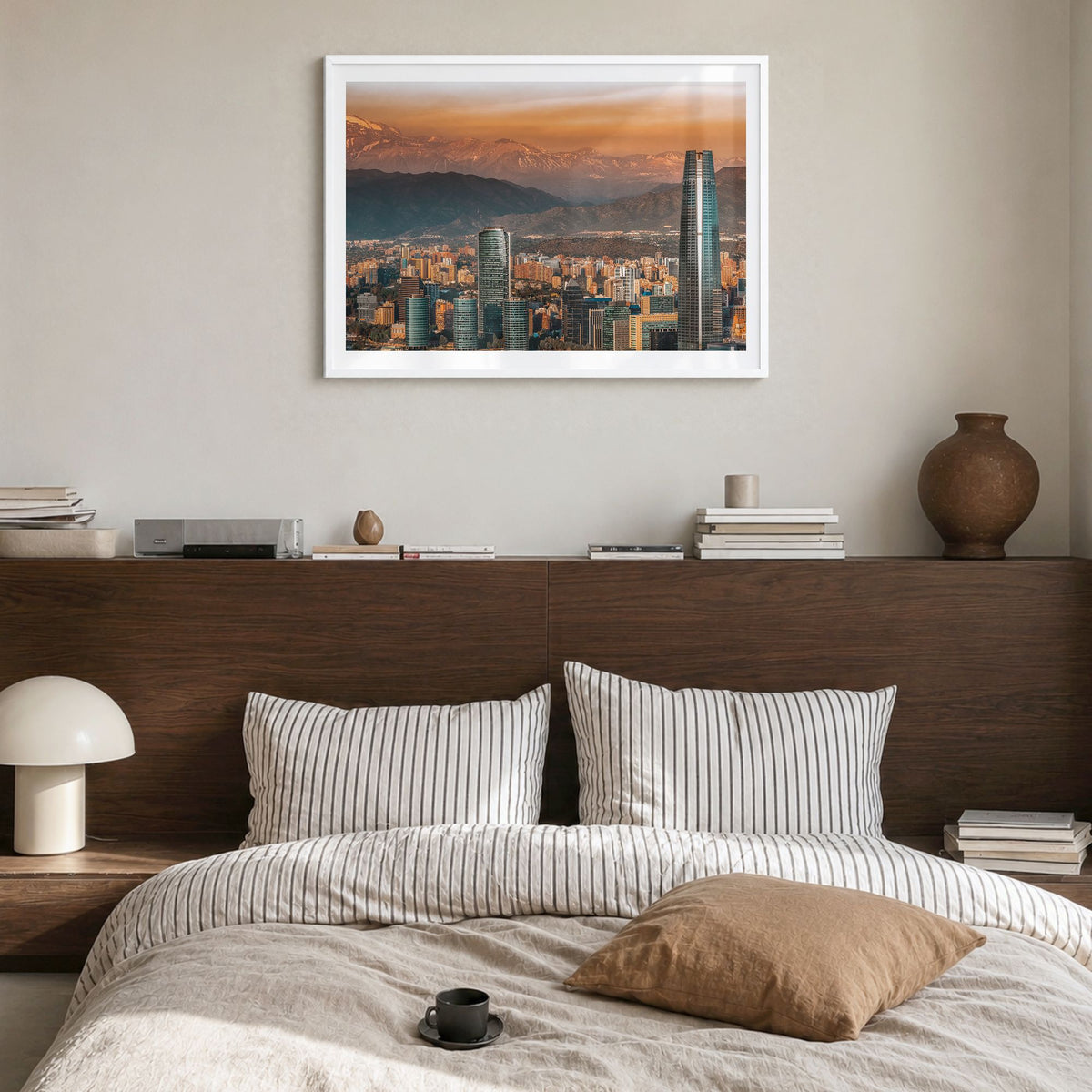 Santiago de Chile Photo Poster in a white wood frame, hanging in a bedroom, white border