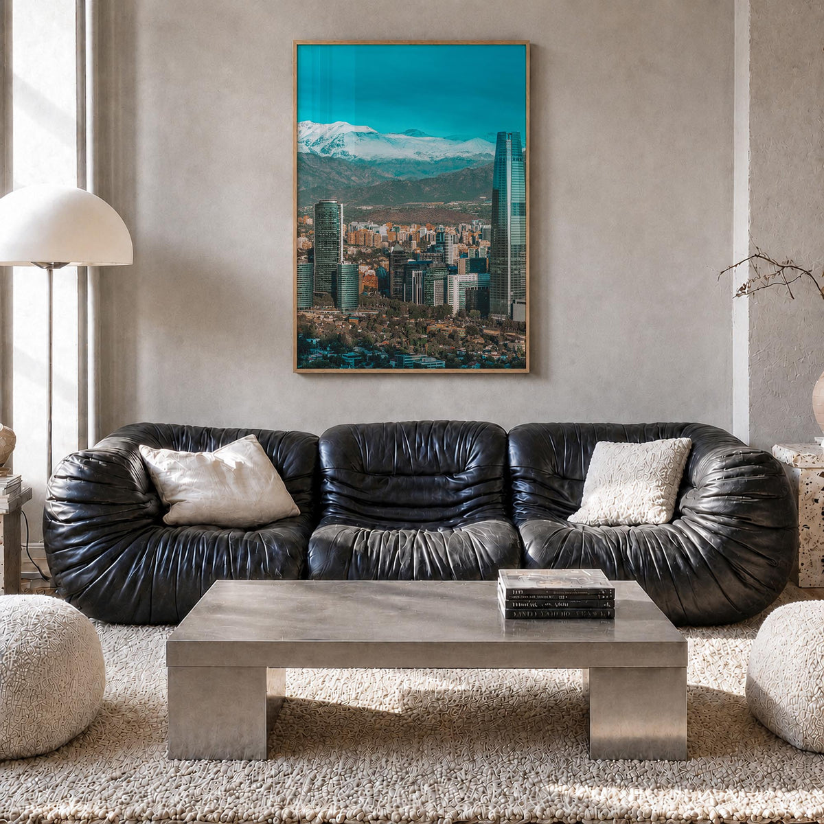 Santiago de Chile no. 1 colorful photo poster of Chile – vertical wall art in natural wood frame, hanging on wall