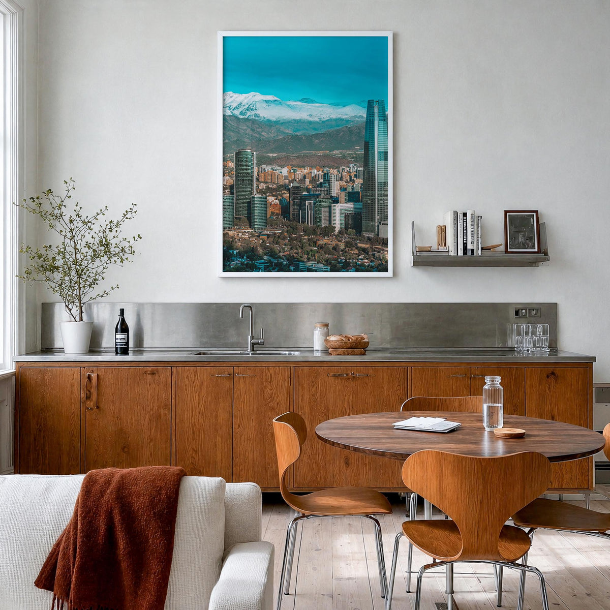 Santiago de Chile no. 1 colorful photo poster of Chile – vertical wall art in white wood frame, hanging on wall