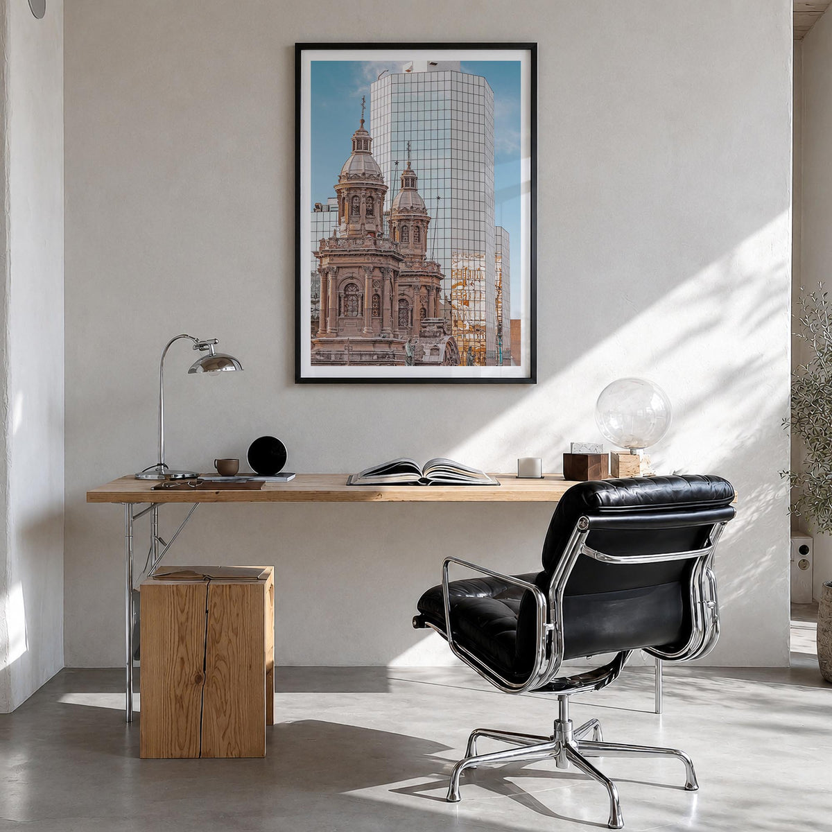 Santiago de Chile no. 2 colorful photo poster of Chile – vertical wall art in black wood frame with white border, hanging on