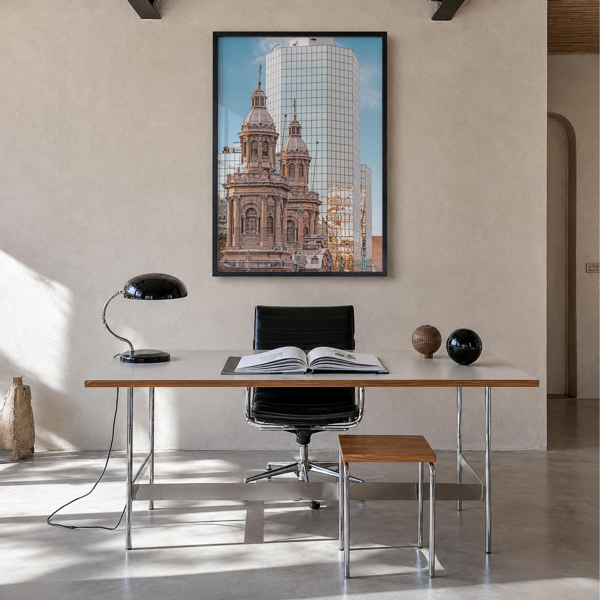 Santiago de Chile no. 2 colorful photo poster of Chile – vertical wall art in black wood frame, hanging on wall