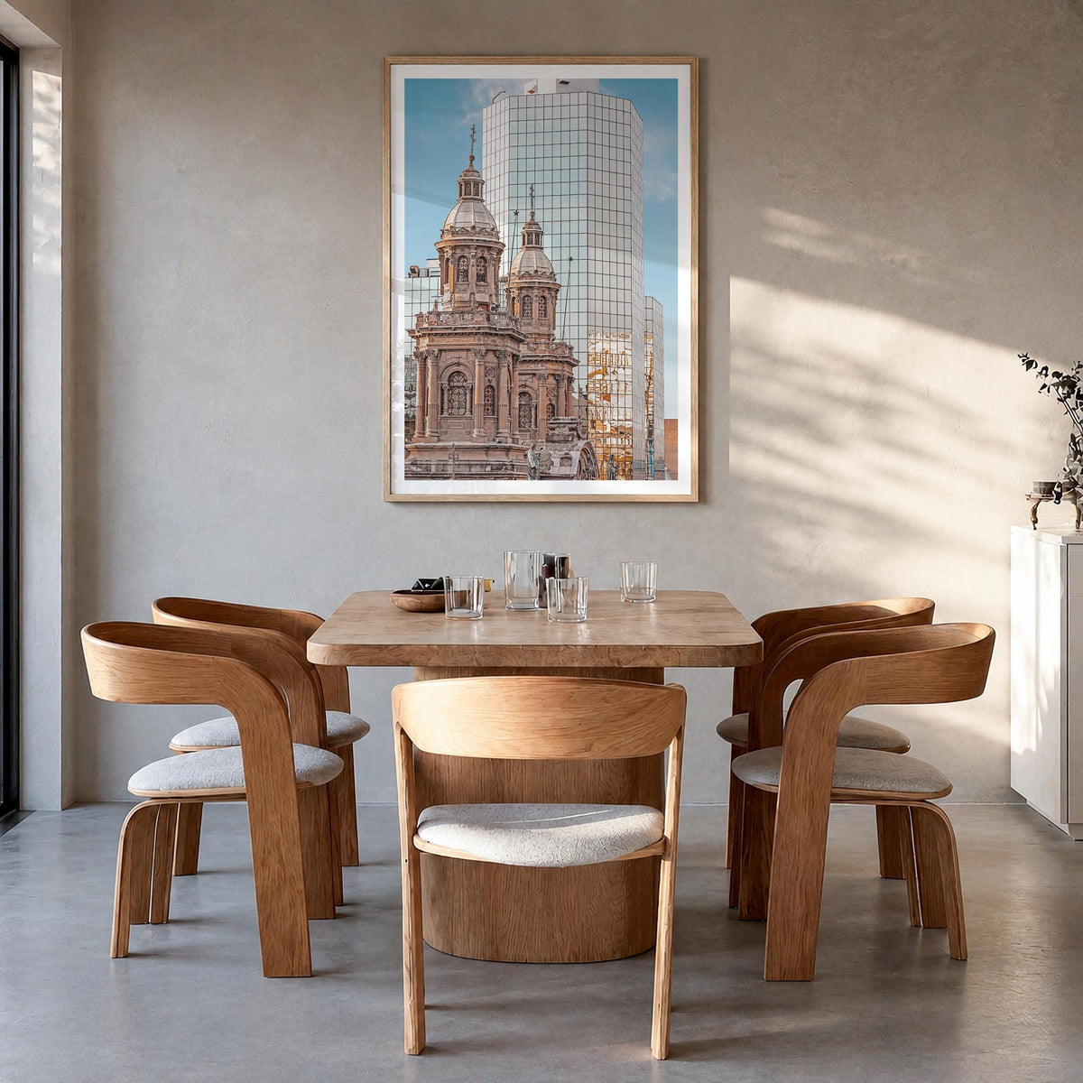 Santiago de Chile no. 2 colorful photo poster of Chile – vertical wall art in natural wood frame with white border, hanging o