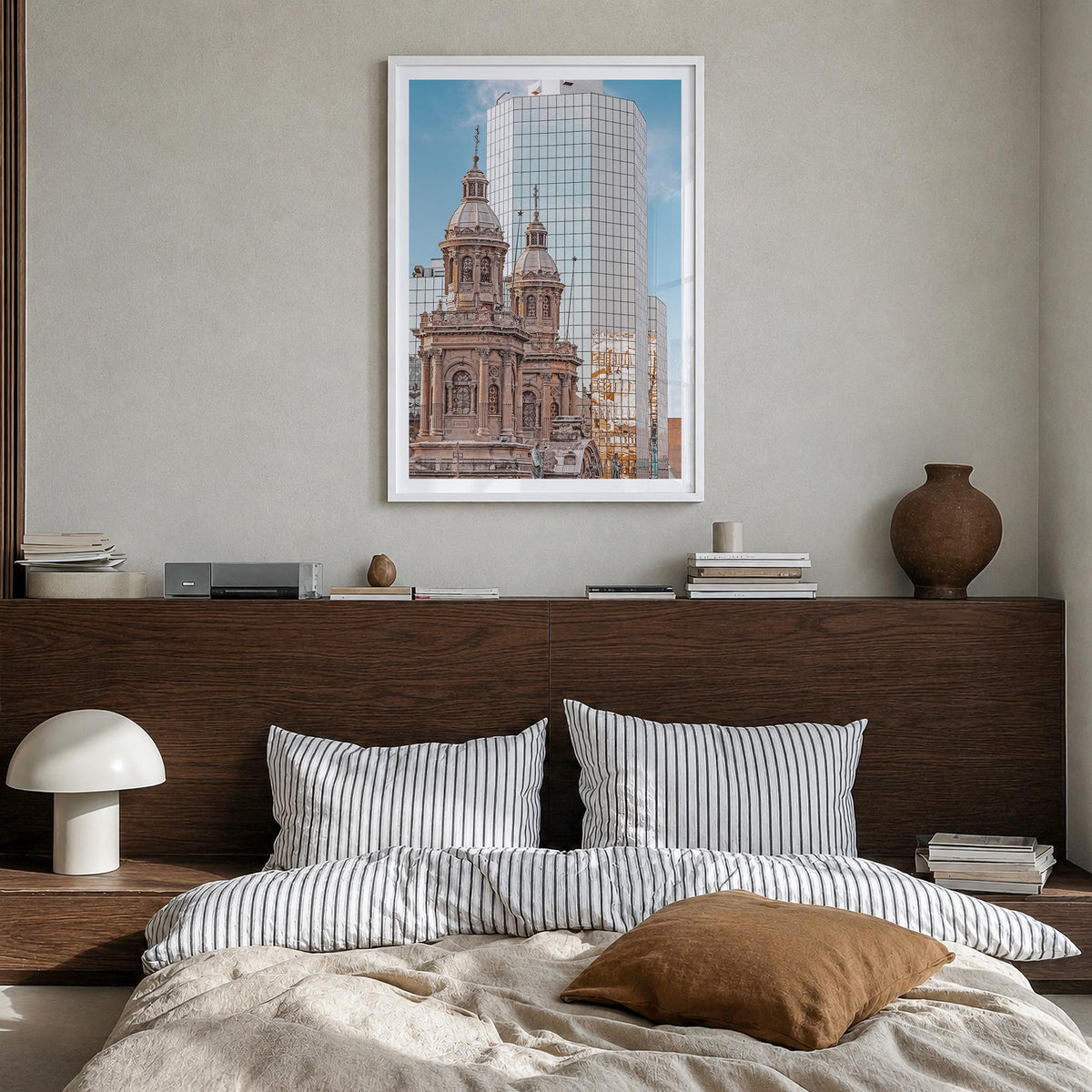 Santiago de Chile no. 2 colorful photo poster of Chile – vertical wall art in white wood frame with white border, hanging on