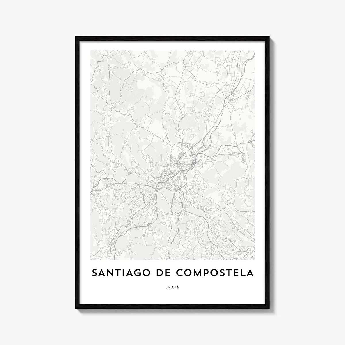 Santiago de Compostela black & white map poster of Spain – vertical wall art, unframed print shown in interior mockup