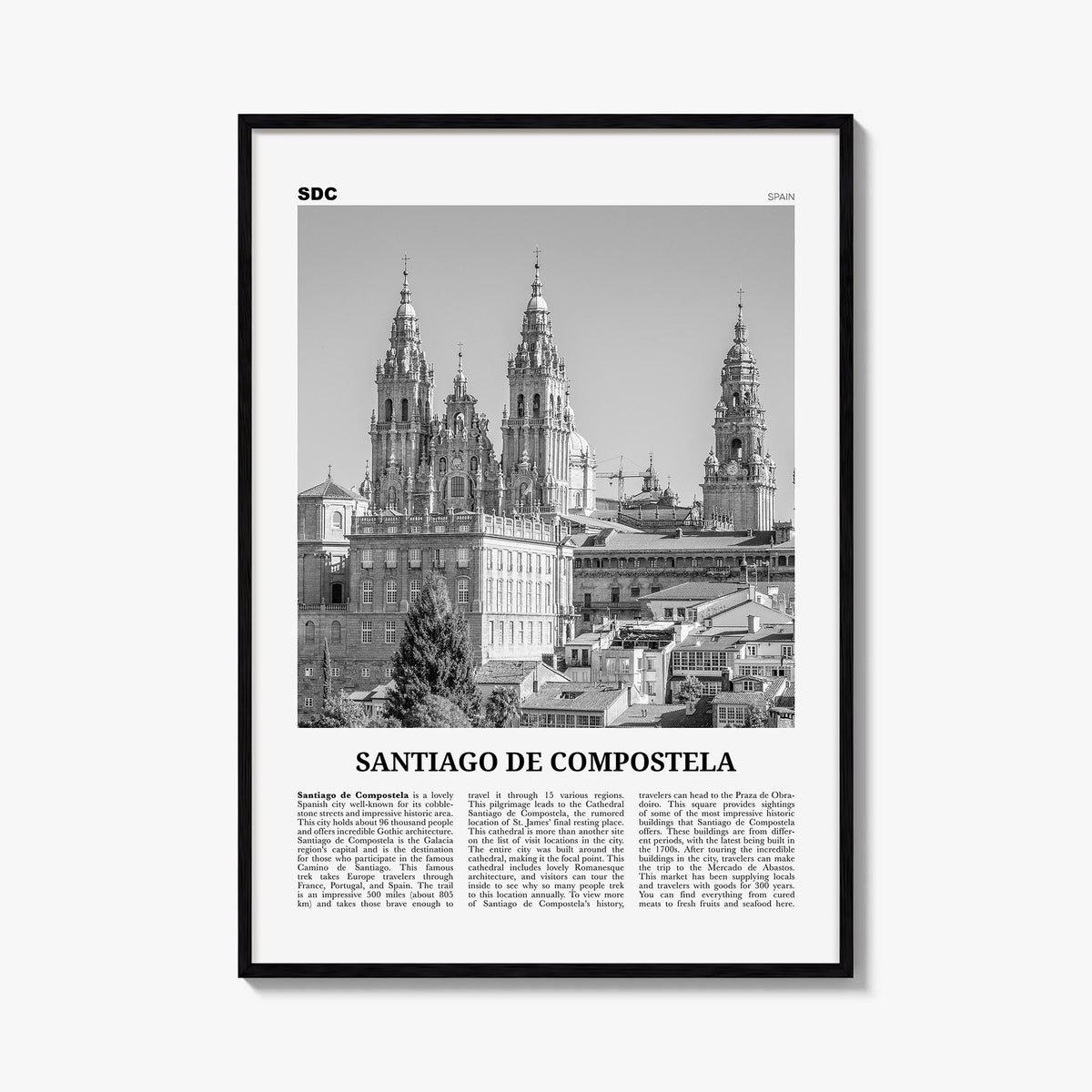 Santiago de Compostela black & white newspaper poster of Spain – vertical wall art, unframed print shown in interior mockup