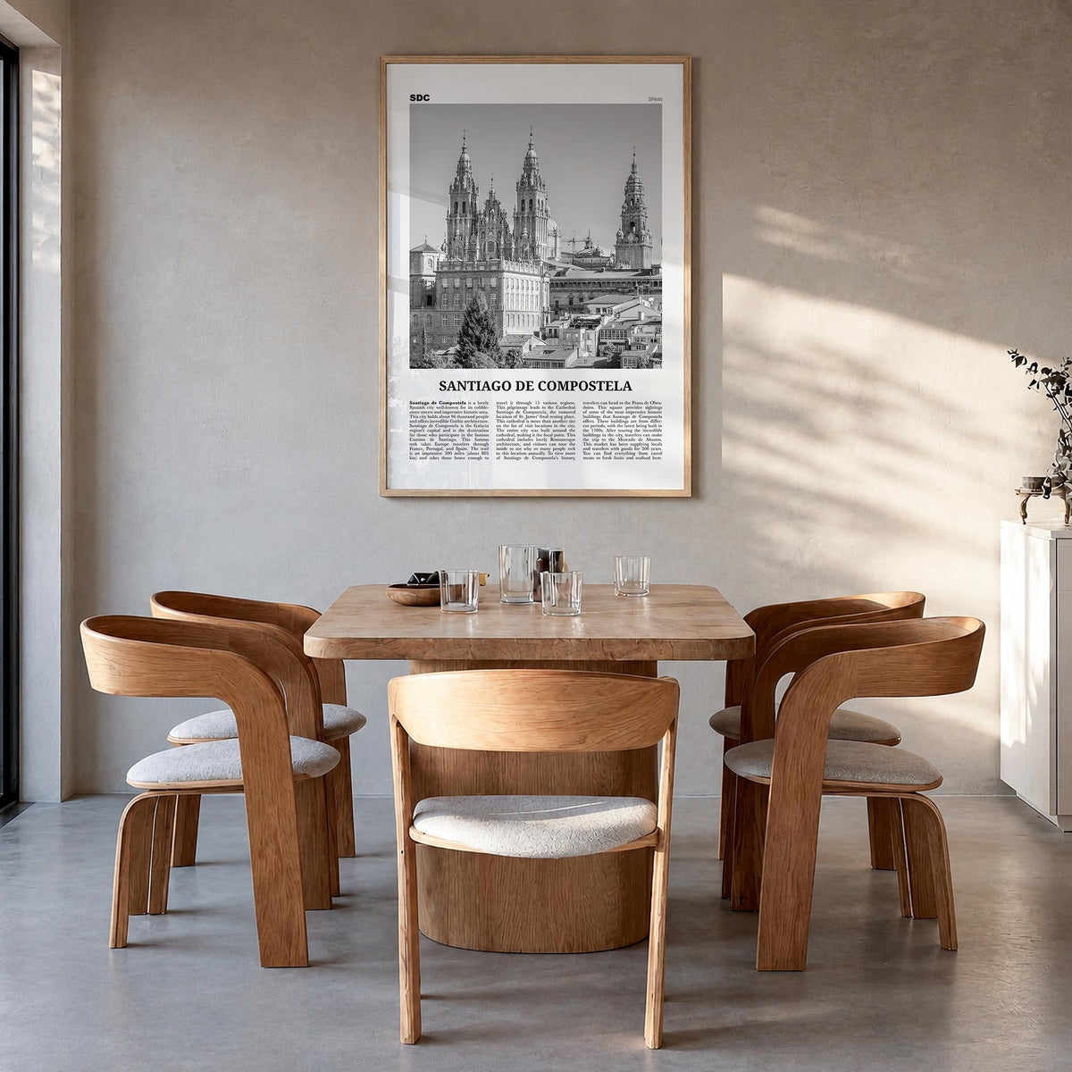 Santiago de Compostela black & white newspaper poster of Spain – vertical wall art in natural wood frame, hanging on wall