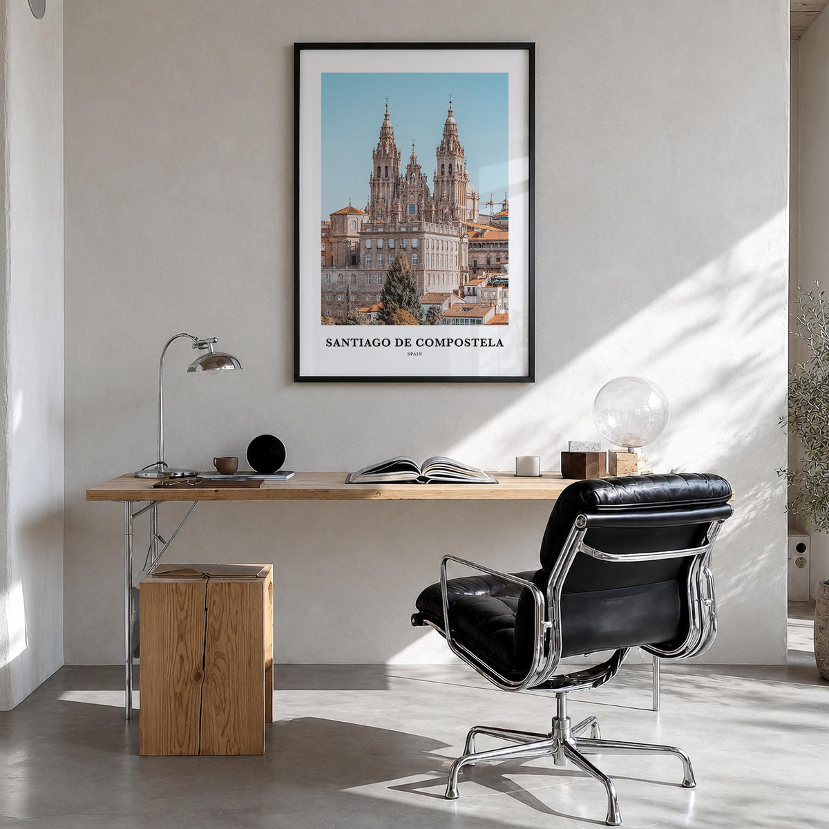 Santiago de Compostela colorful classic poster of Spain – vertical wall art in black wood frame, hanging on wall