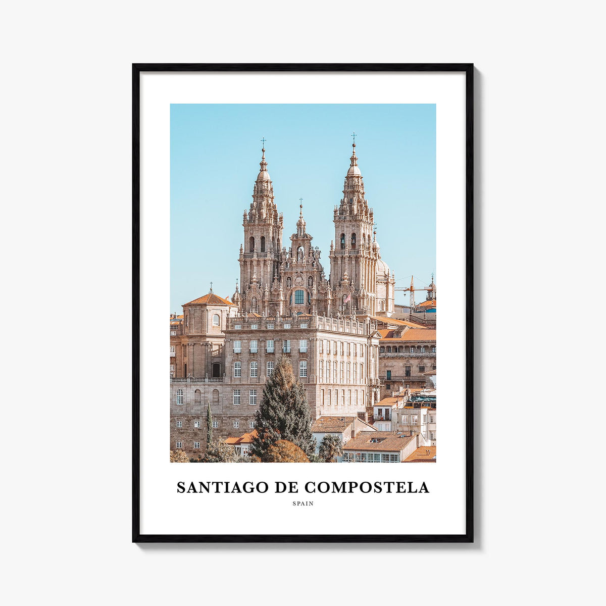 Santiago de Compostela colorful classic poster of Spain – vertical wall art, unframed print shown in interior mockup