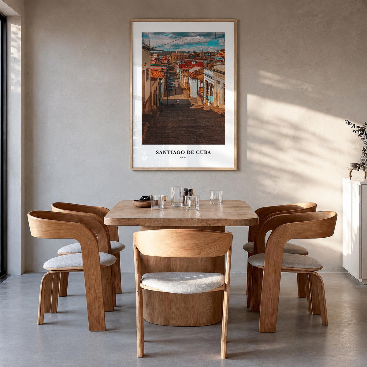 Santiago de Cuba colorful classic poster of Cuba – vertical wall art in natural wood frame, hanging on wall