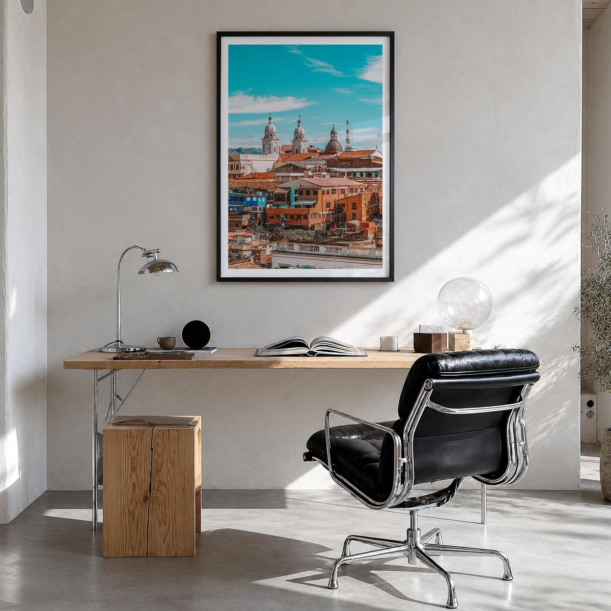 Santiago de Cuba colorful photo poster of Cuba – vertical wall art in black wood frame with white border, hanging on wall