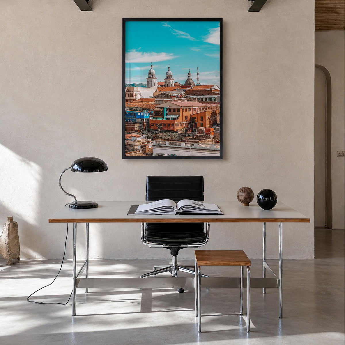 Santiago de Cuba colorful photo poster of Cuba – vertical wall art in black wood frame, hanging on wall