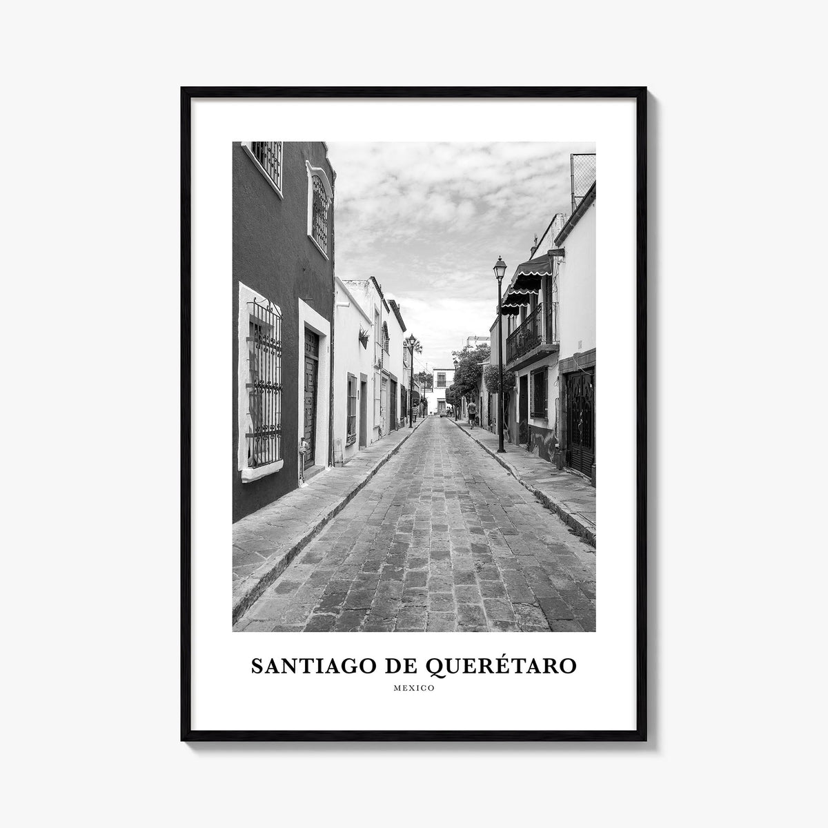 Santiago de Querétaro black & white classic poster of Mexico – vertical wall art, unframed print shown in interior mockup