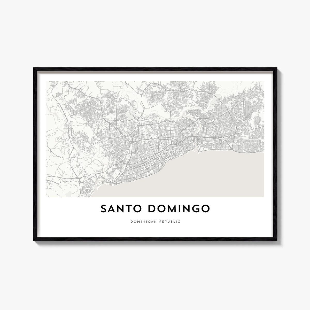 Santo Domingo black & white map poster of Dominican Republic – horizontal wall art, unframed print shown in interior mockup