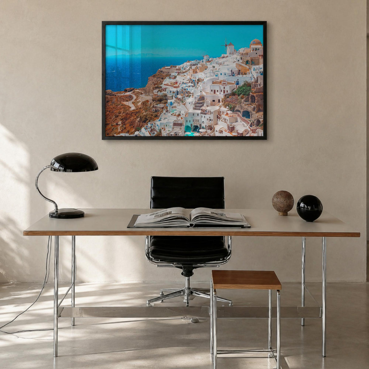 Santorini colorful photo poster of Greece – horizontal wall art in black wood frame, hanging on wall