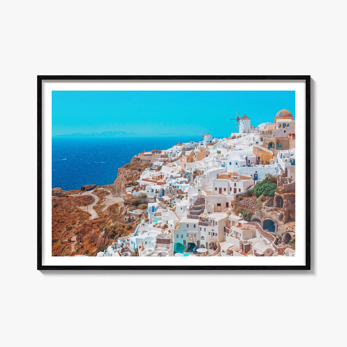 Santorini colorful photo poster of Greece – horizontal wall art, unframed print shown in interior mockup