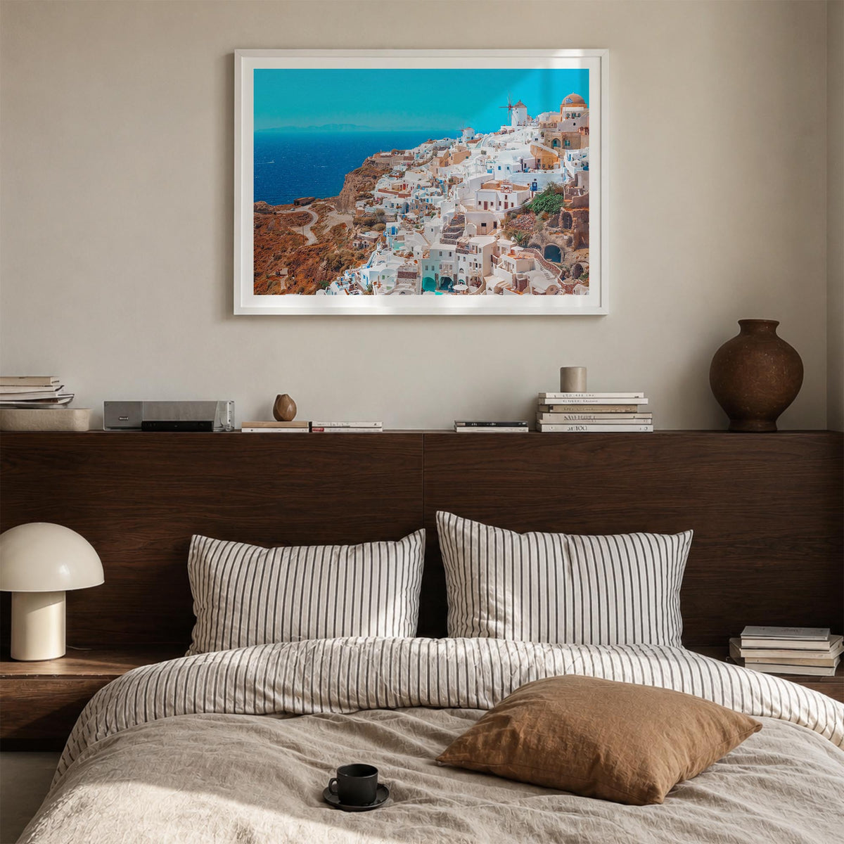Santorini colorful photo poster of Greece – horizontal wall art in white wood frame with white border, hanging on wall