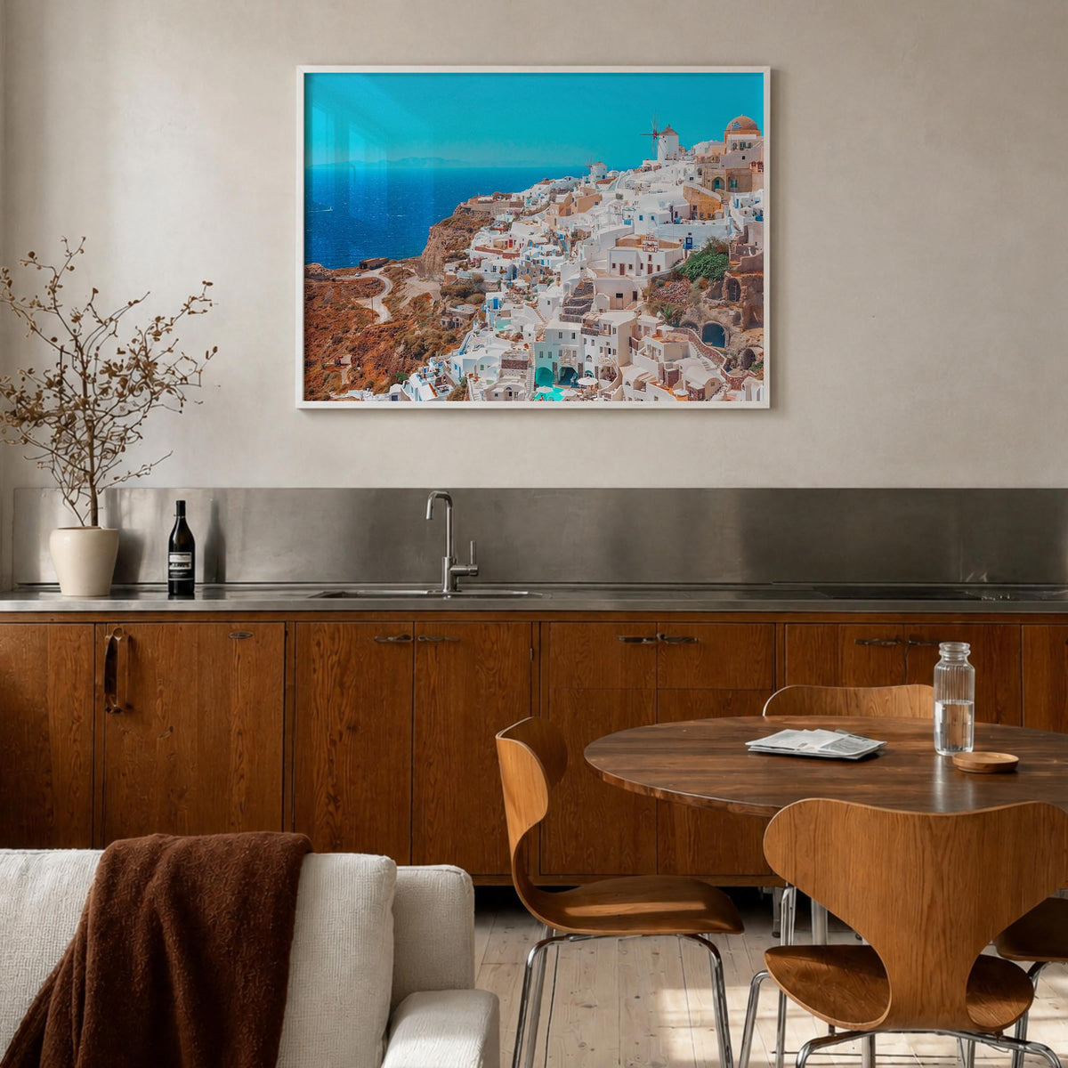 Santorini colorful photo poster of Greece – horizontal wall art in white wood frame, hanging on wall