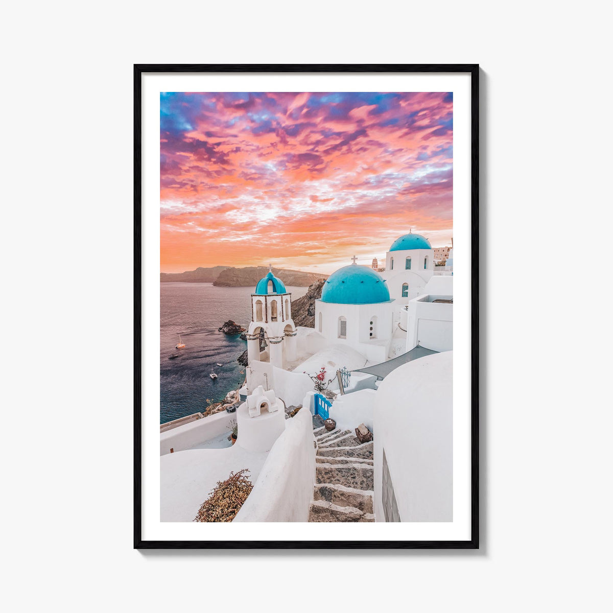 Santorini no. 1 colorful photo poster of Greece – vertical wall art, unframed print shown in interior mockup