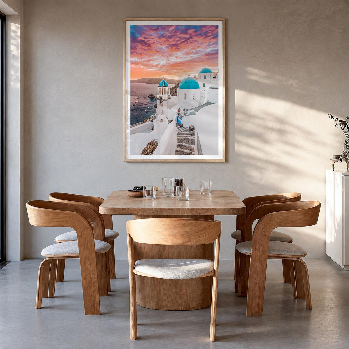 Santorini no. 1 colorful photo poster of Greece – vertical wall art in natural wood frame with white border, hanging on wall