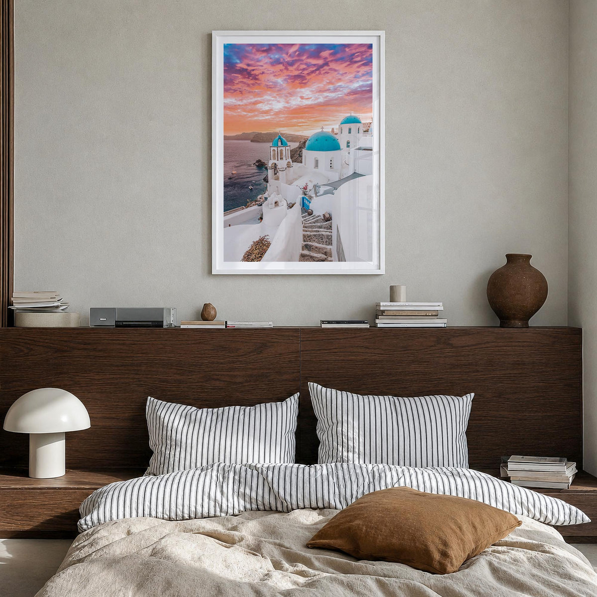 Santorini no. 1 colorful photo poster of Greece – vertical wall art in white wood frame with white border, hanging on wall