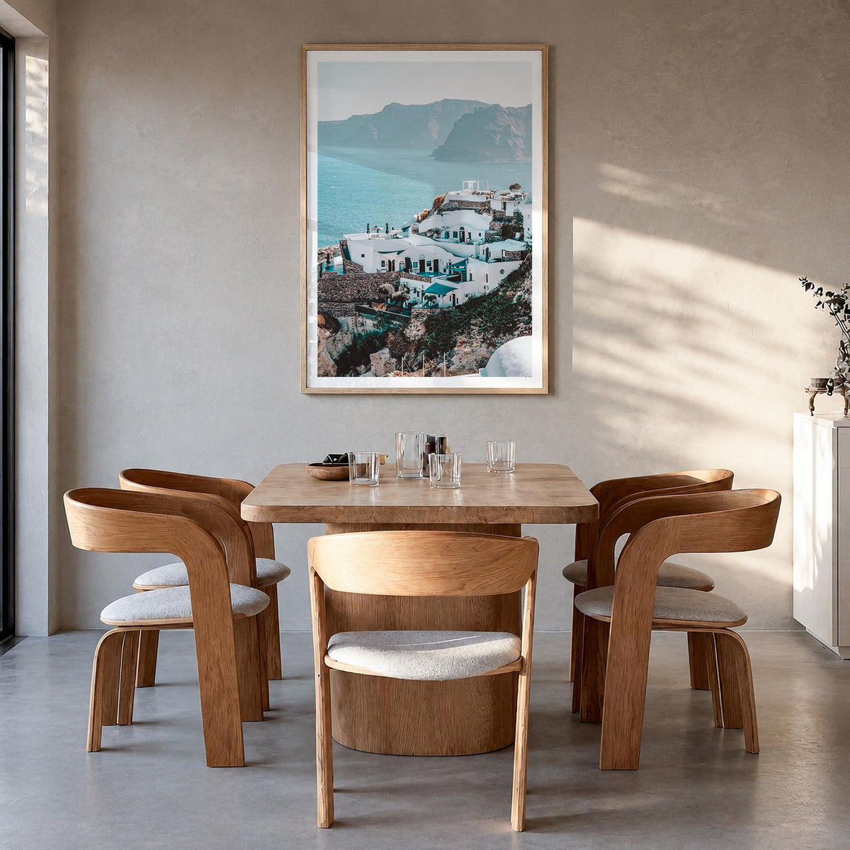 Santorini no. 3 colorful photo poster of Greece – vertical wall art in natural wood frame with white border, hanging on wall