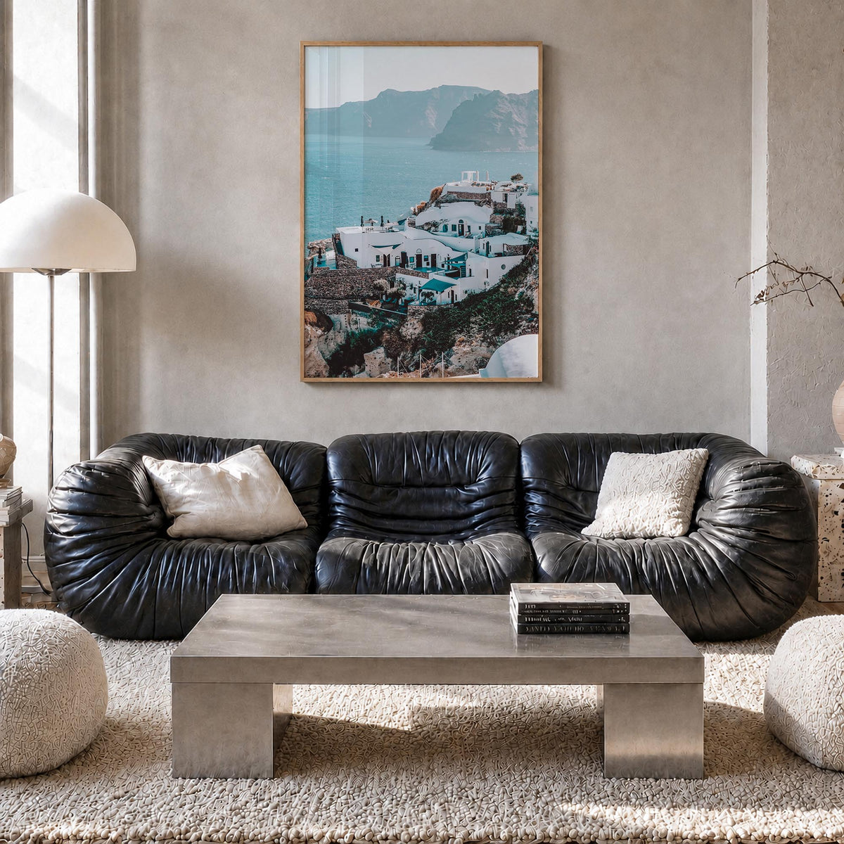 Santorini no. 3 colorful photo poster of Greece – vertical wall art in natural wood frame, hanging on wall