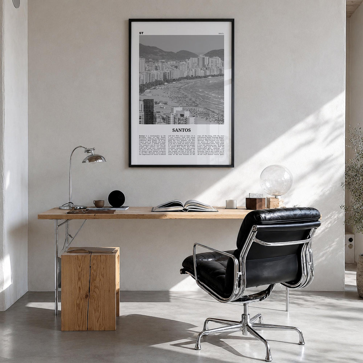 Santos black & white newspaper poster of Brazil – vertical wall art in black wood frame, hanging on wall
