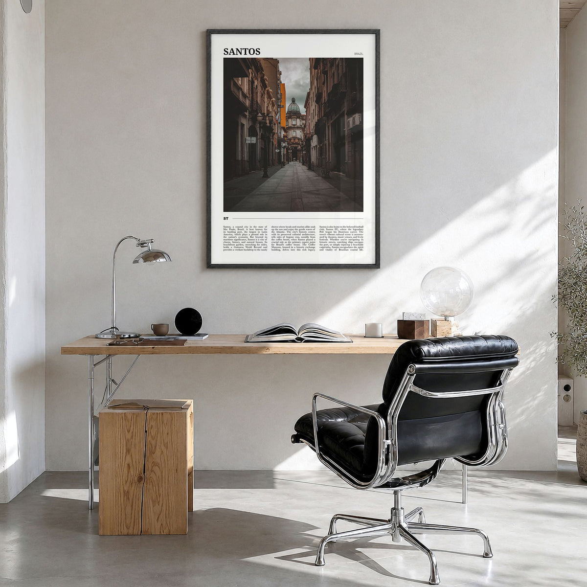 Santos Travel No 2 Poster in a black wood frame, hanging in a bright home office
