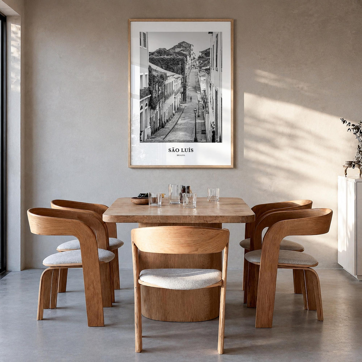 São Luís black & white classic poster of Brazil – vertical wall art in natural wood frame, hanging on wall