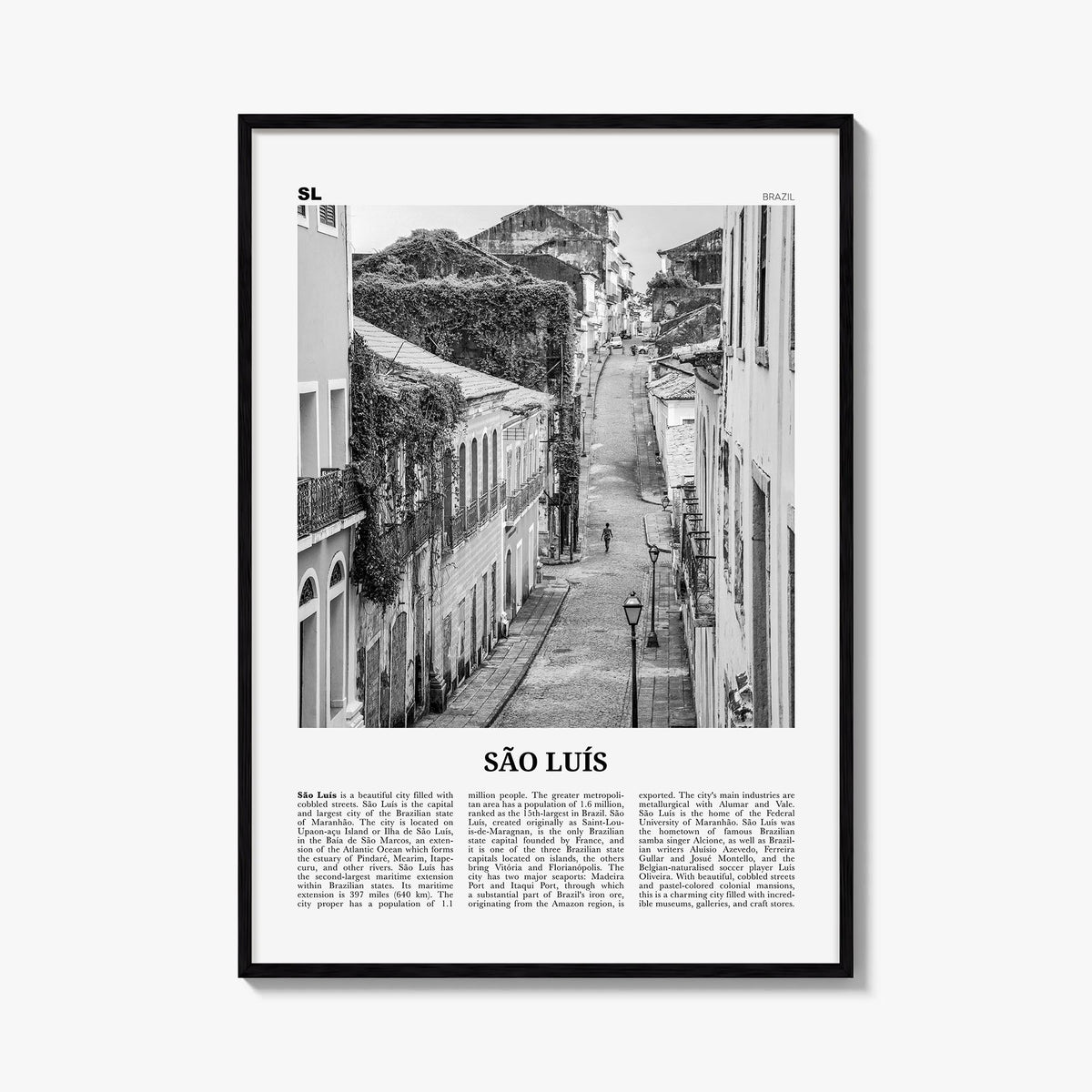 São Luís black & white newspaper poster of Brazil – vertical wall art, unframed print shown in interior mockup