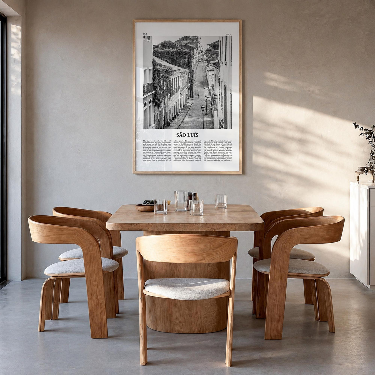 São Luís black & white newspaper poster of Brazil – vertical wall art in natural wood frame, hanging on wall