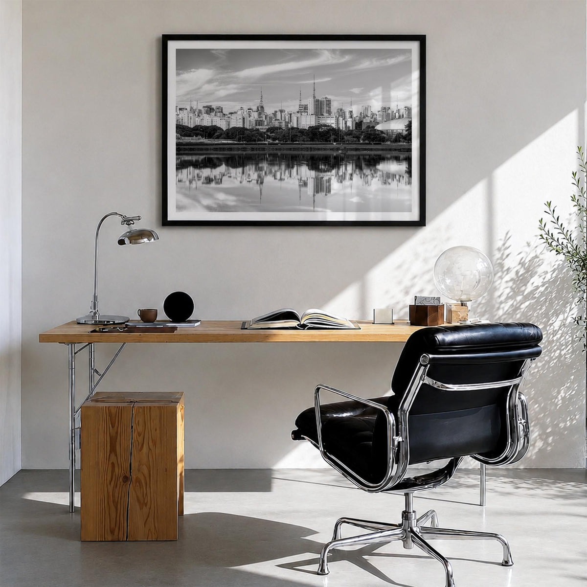 São Paulo black & white photo poster of Brazil – horizontal wall art in black wood frame with white border, hanging on wall